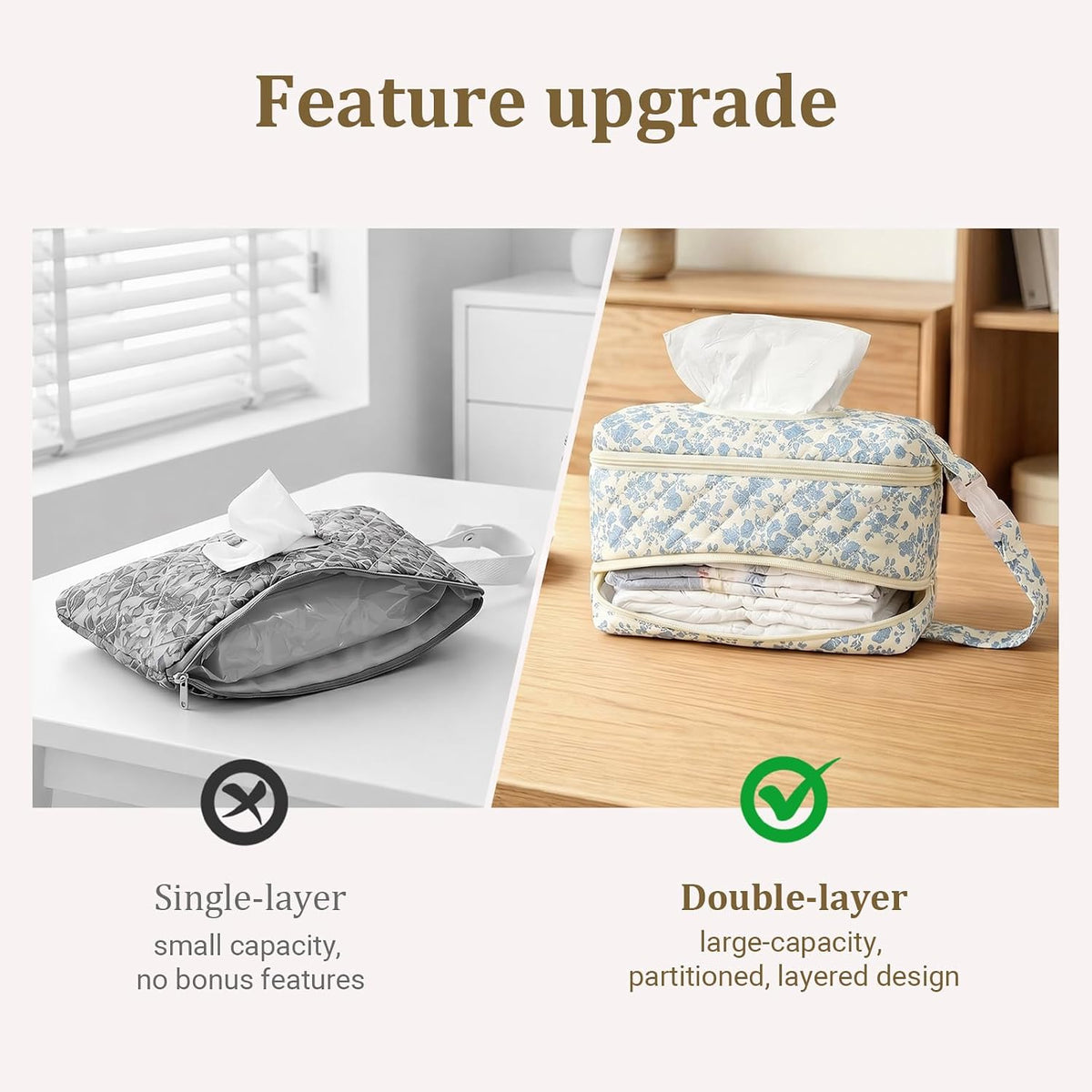 Double-Layer Wipe Holder Quilted Wipes Bag Small Hanging Diaper Bag Portable Wipe Pouch for Stroller, Home, Travel
