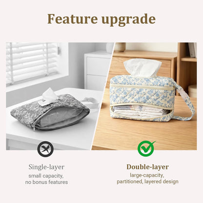 Double-Layer Wipe Holder Quilted Wipes Bag Small Hanging Diaper Bag Portable Wipe Pouch for Stroller, Home, Travel