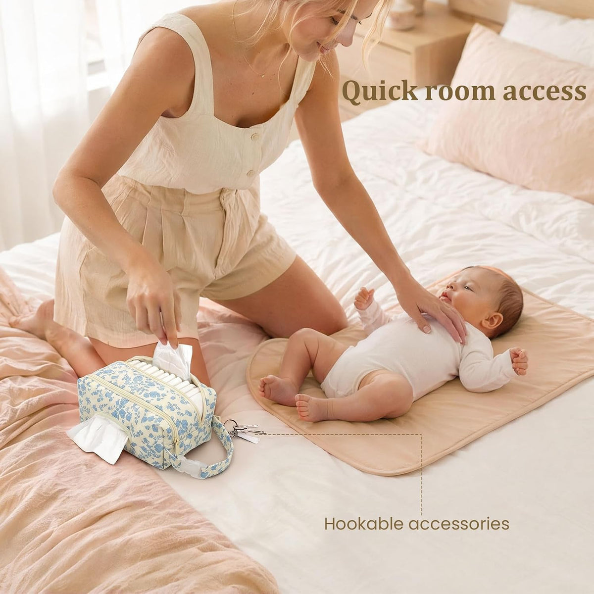 Double-Layer Wipe Holder Quilted Wipes Bag Small Hanging Diaper Bag Portable Wipe Pouch for Stroller, Home, Travel