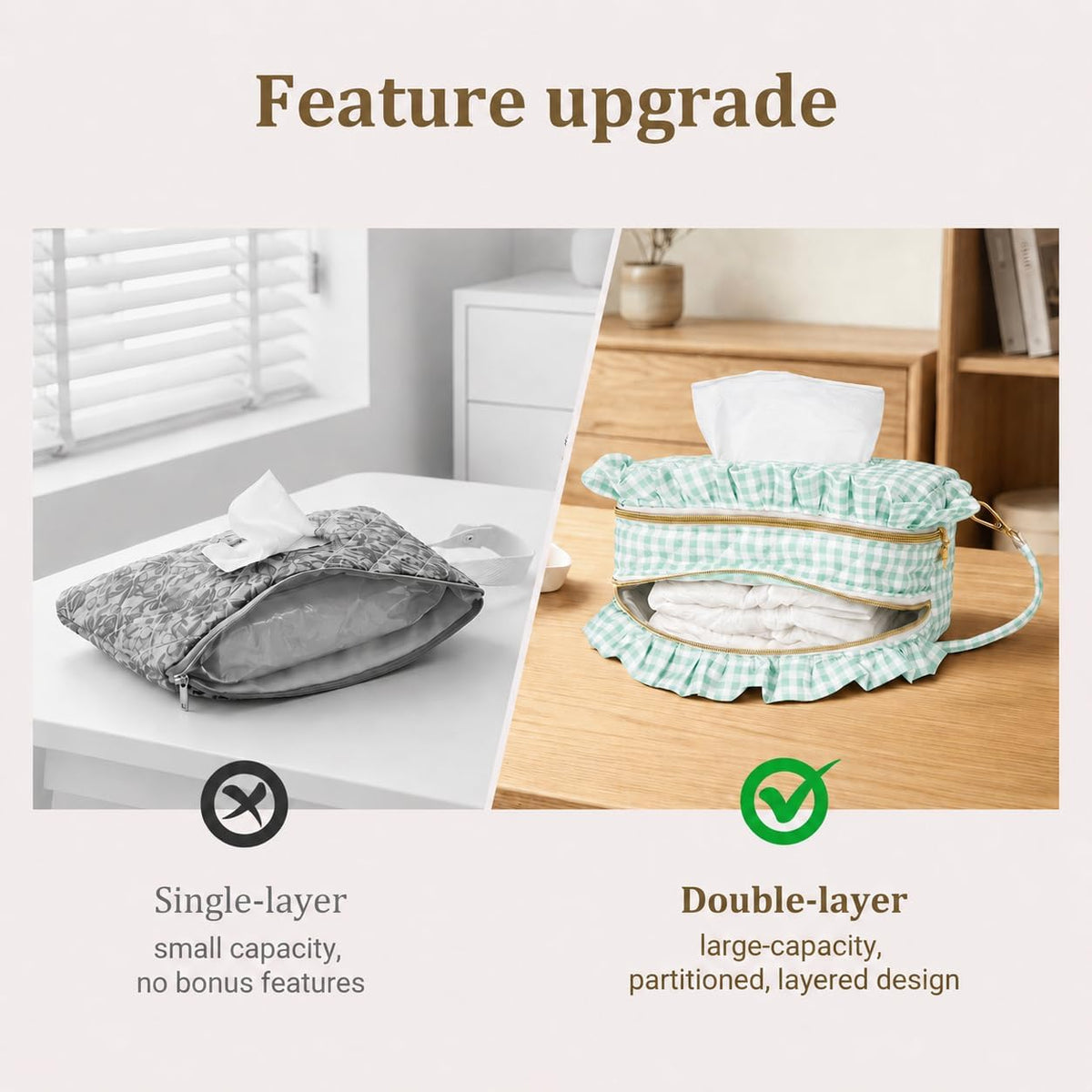 Double-Layer Wipe Holder Quilted Wipes Bag Small Hanging Diaper Bag Portable Wipe Pouch for Stroller, Home, Travel