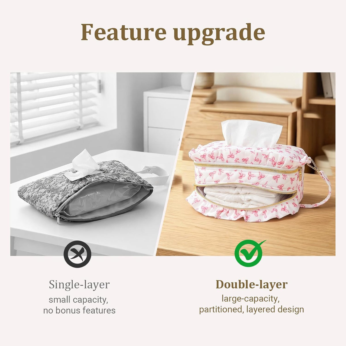 Double-Layer Wipe Holder Quilted Wipes Bag Small Hanging Diaper Bag Portable Wipe Pouch for Stroller, Home, Travel