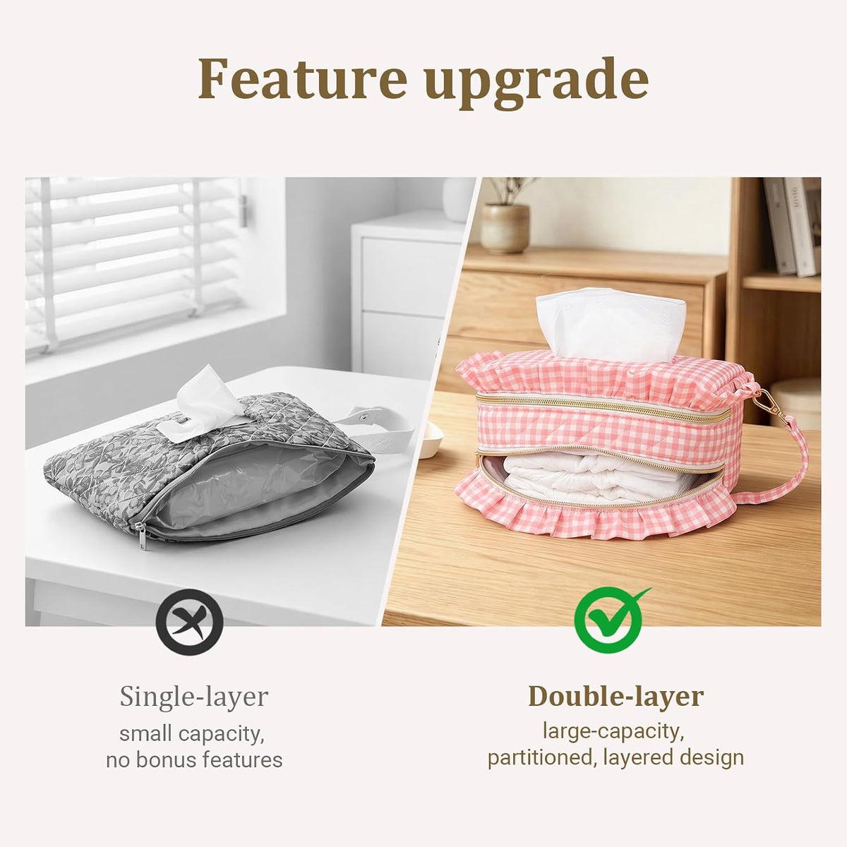 Double-Layer Wipe Holder Quilted Wipes Bag Small Hanging Diaper Bag Portable Wipe Pouch for Stroller, Home, Travel