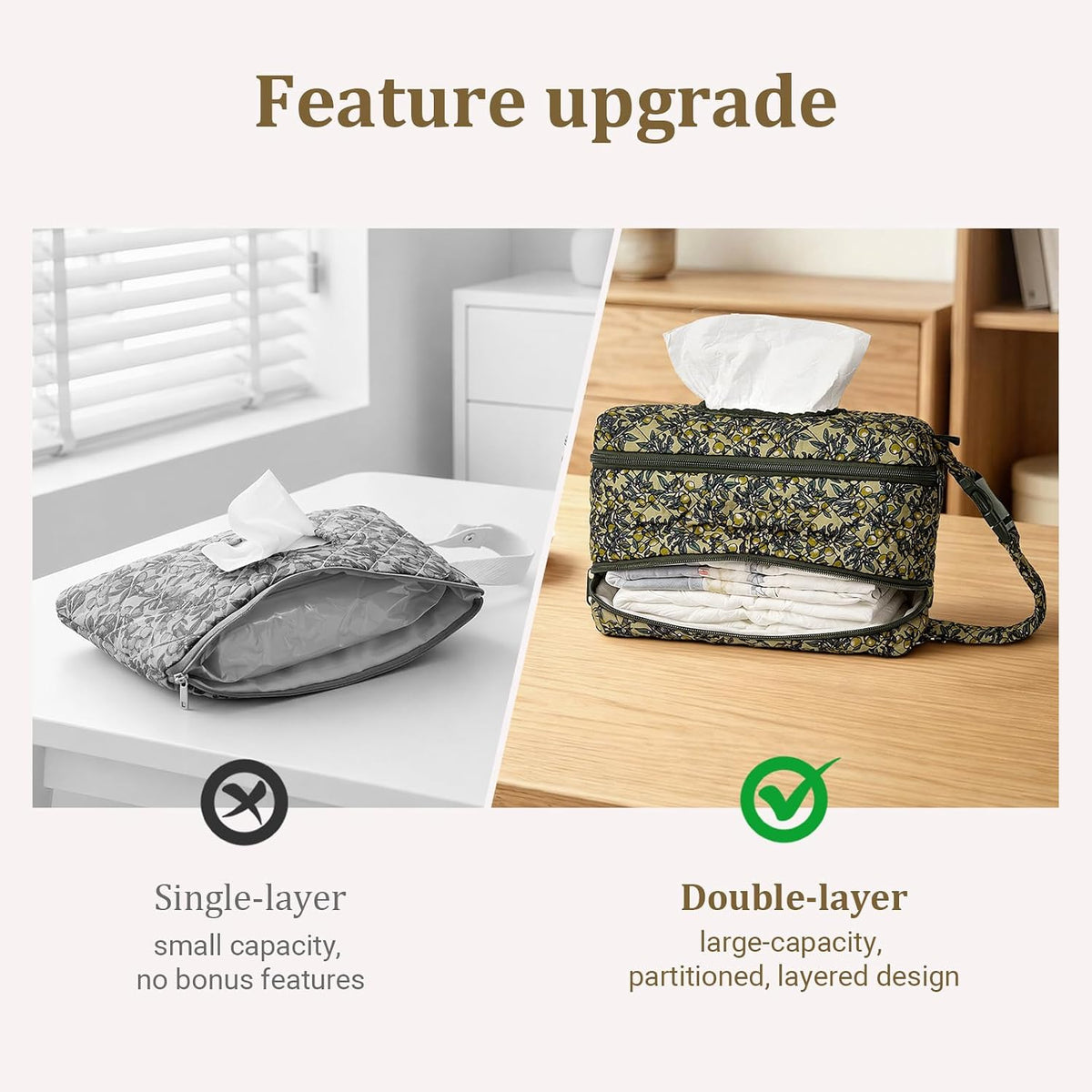 Double-Layer Wipe Holder Quilted Wipes Bag Small Hanging Diaper Bag Portable Wipe Pouch for Stroller, Home, Travel