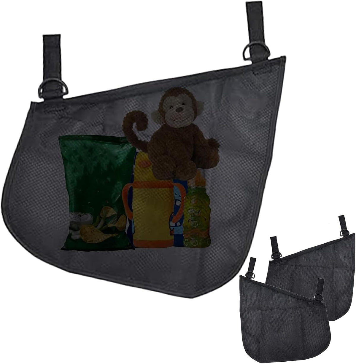 2 Pack Universal Side Sling Stroller Mesh Cargo Net, Side Sling Stroller Mesh Cargo Organizer, Extra Stroller Storage Space, Non-Slip and Adjustable Straps, Black