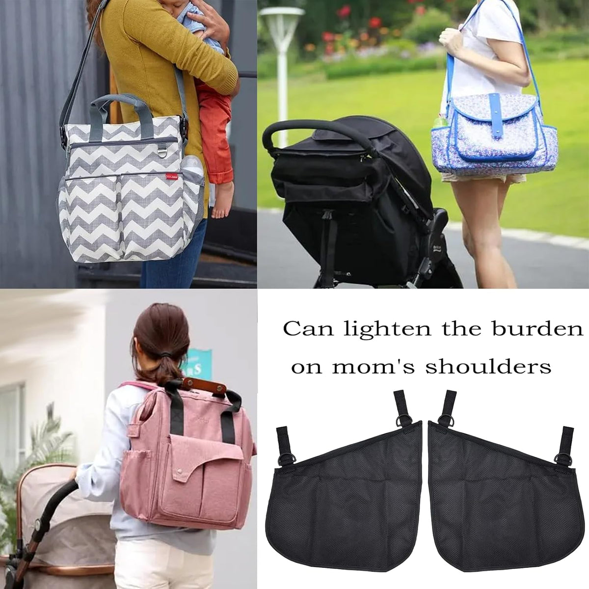 2 Pack Universal Side Sling Stroller Mesh Cargo Net, Side Sling Stroller Mesh Cargo Organizer, Extra Stroller Storage Space, Non-Slip and Adjustable Straps, Black