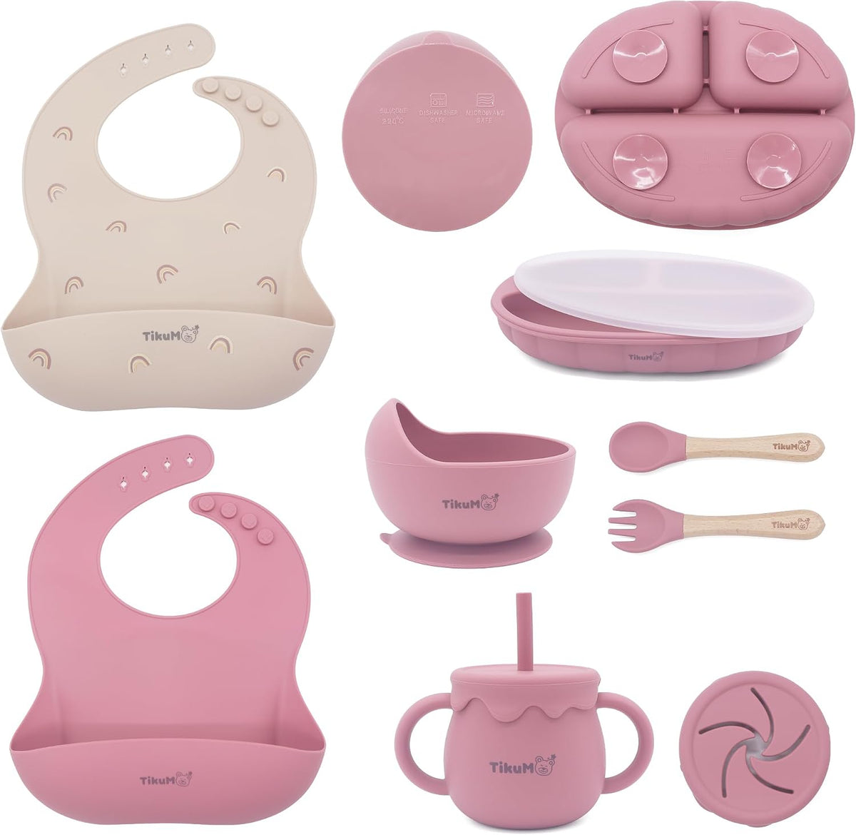 Baby Led Weaning Set, 9 Piece Silicone Feeding Set with Suction Plate, Lid, Bowl, Sippy Cup with Straw, Utensils & 1 Space and 1 Solid Bib, BPA Free, Dishwasher Safe (Pink)