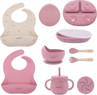 Baby Led Weaning Set, 9 Piece Silicone Feeding Set with Suction Plate, Lid, Bowl, Sippy Cup with Straw, Utensils & 1 Space and 1 Solid Bib, BPA Free, Dishwasher Safe (Pink)