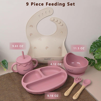 Baby Led Weaning Set, 9 Piece Silicone Feeding Set with Suction Plate, Lid, Bowl, Sippy Cup with Straw, Utensils & 1 Space and 1 Solid Bib, BPA Free, Dishwasher Safe (Pink)