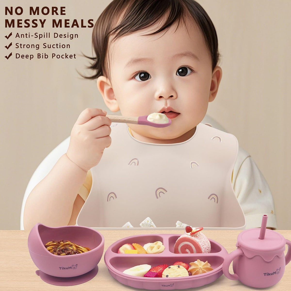 Baby Led Weaning Set, 9 Piece Silicone Feeding Set with Suction Plate, Lid, Bowl, Sippy Cup with Straw, Utensils & 1 Space and 1 Solid Bib, BPA Free, Dishwasher Safe (Pink)
