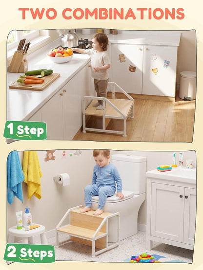 Toddler Step Stool for Kids, 2-in-1 Convertible Step Stool, Non-Slip Kids Potty Training Stool, Sturdy Wooden Step Stool for Bathroom, Kitchen & Sink
