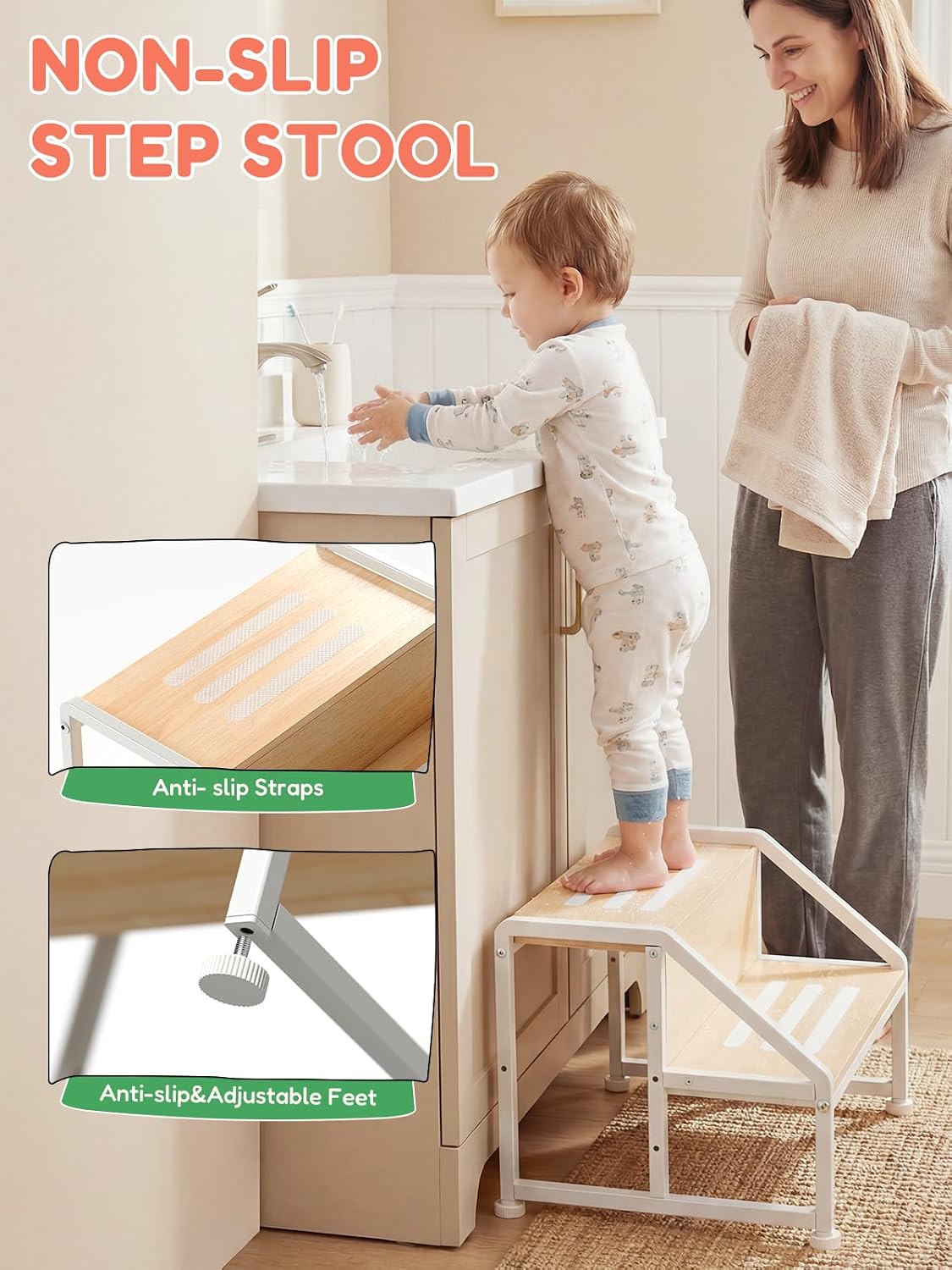 Toddler Step Stool for Kids, 2-in-1 Convertible Step Stool, Non-Slip Kids Potty Training Stool, Sturdy Wooden Step Stool for Bathroom, Kitchen & Sink