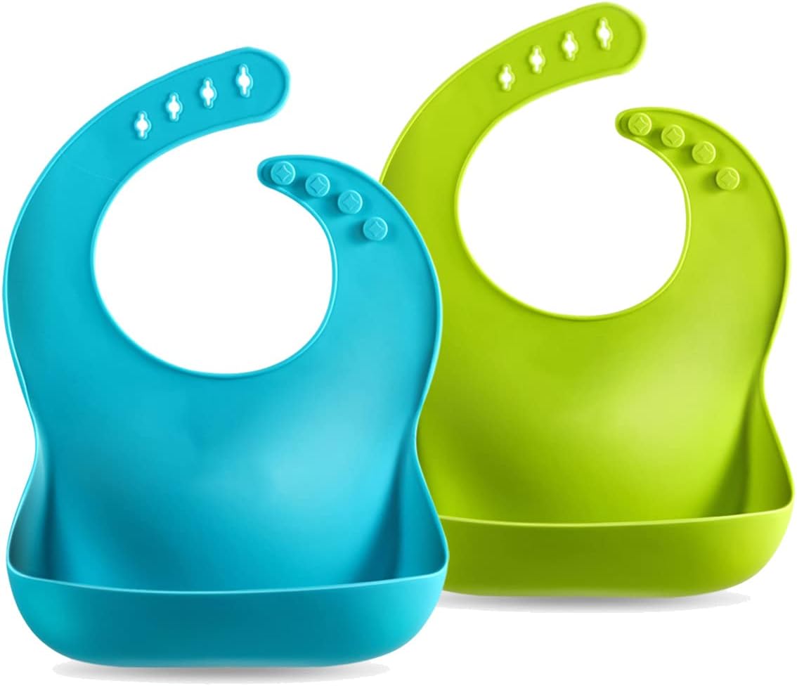 5 Pack Waterproof Silicone Baby Bibs| Super Thin Light Weight Feeding Bib with Food Catcher Pocket for Toddler