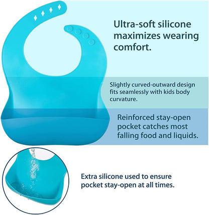 5 Pack Waterproof Silicone Baby Bibs| Super Thin Light Weight Feeding Bib with Food Catcher Pocket for Toddler