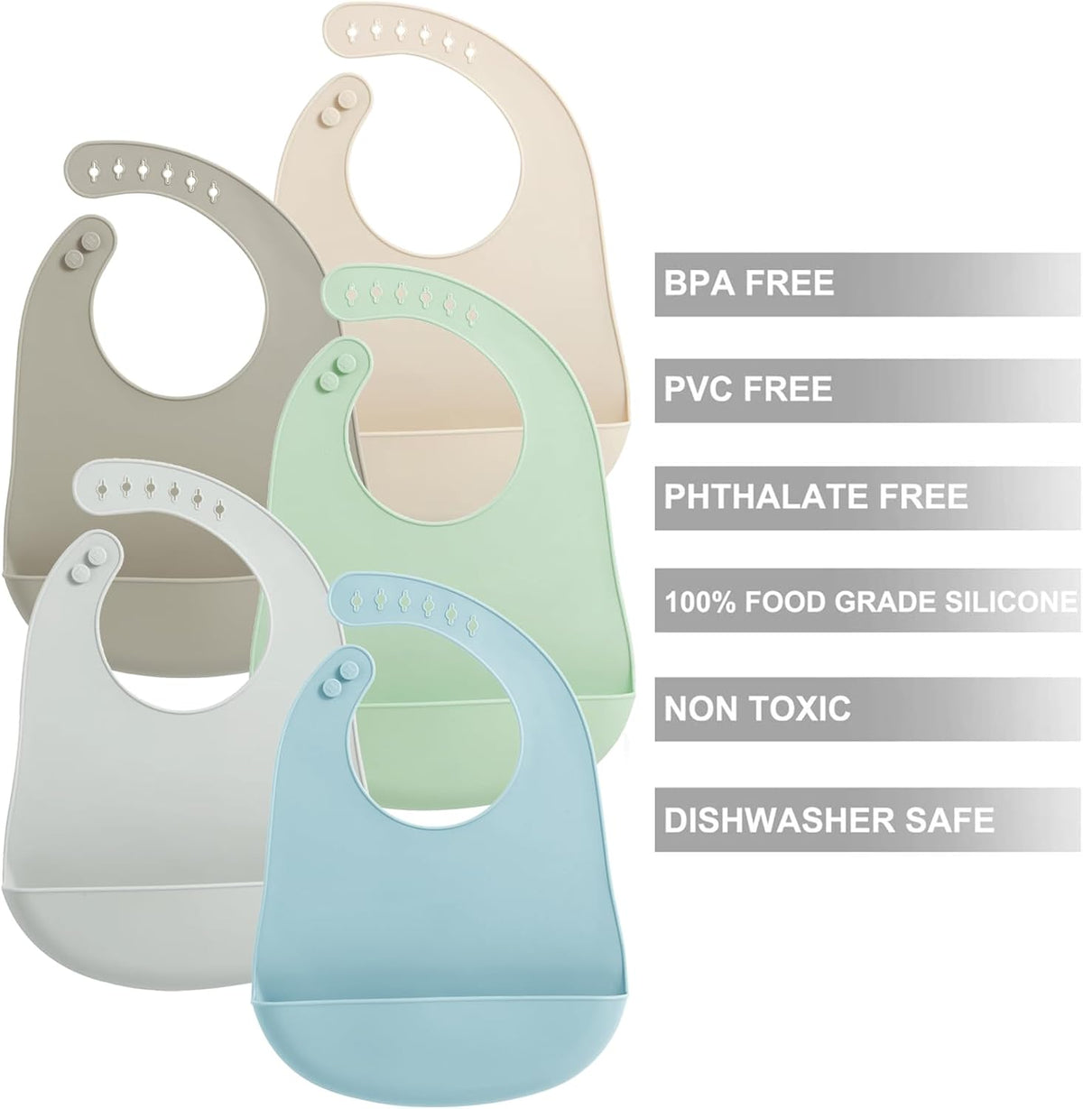 5 Pack Waterproof Silicone Baby Bibs| Super Thin Light Weight Feeding Bib with Food Catcher Pocket for Toddler