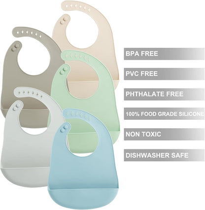 5 Pack Waterproof Silicone Baby Bibs| Super Thin Light Weight Feeding Bib with Food Catcher Pocket for Toddler