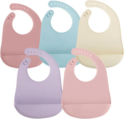 5 Pack Waterproof Silicone Baby Bibs| Super Thin Light Weight Feeding Bib with Food Catcher Pocket for Toddler