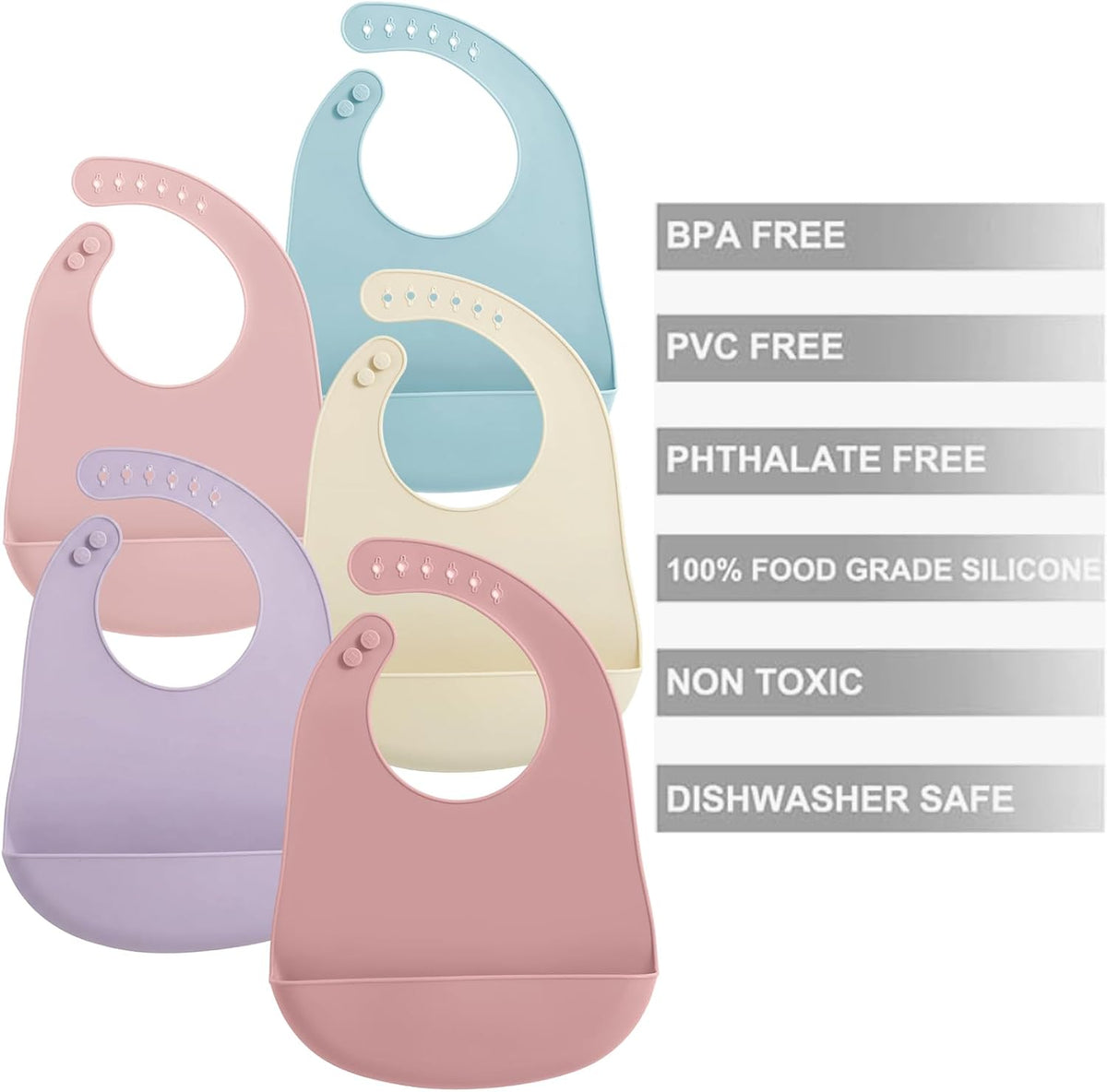 5 Pack Waterproof Silicone Baby Bibs| Super Thin Light Weight Feeding Bib with Food Catcher Pocket for Toddler