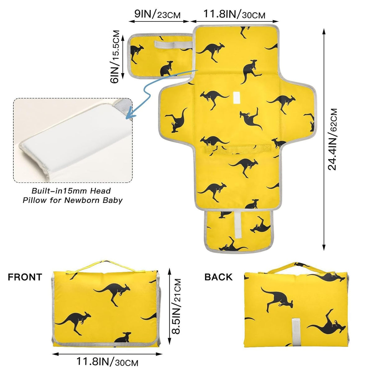Kangaroo Yellow Print Portable Baby Changing Pad Diaper Changing Table Pad Foldable Water-Resistant Travel Changing Station with Built-in Pillow for Newborn Stuff Essentials Gifts