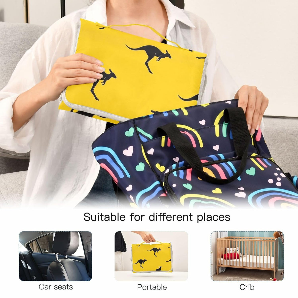Kangaroo Yellow Print Portable Baby Changing Pad Diaper Changing Table Pad Foldable Water-Resistant Travel Changing Station with Built-in Pillow for Newborn Stuff Essentials Gifts