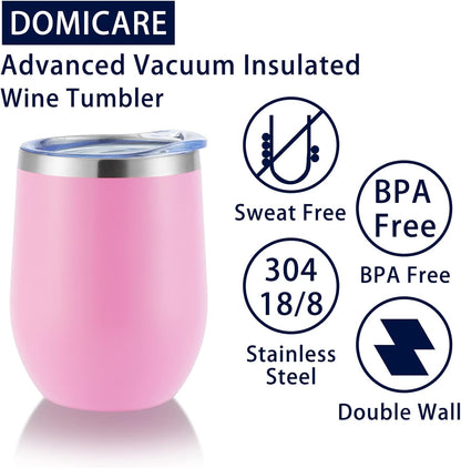 DOMICARE Stainless Steel Wine Tumbler Bulk with Lid, Personalized Insulated Tumblers Set, 12oz Travel Coffee Cups Pack of 1, Stainless steel