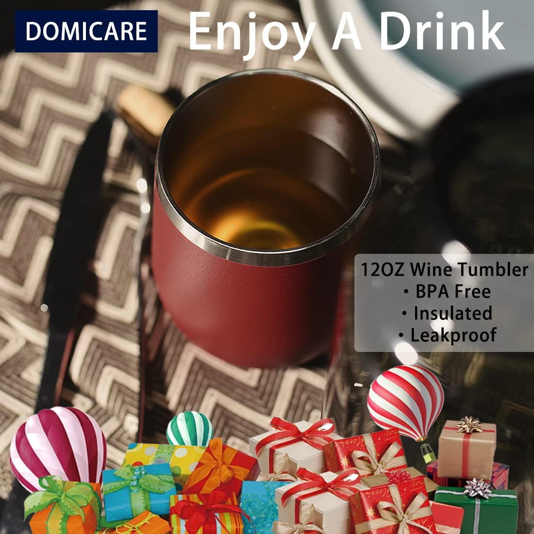 DOMICARE Stainless Steel Wine Tumbler Bulk with Lid, Personalized Insulated Tumblers Set, 12oz Travel Coffee Cups Pack of 1, Stainless steel