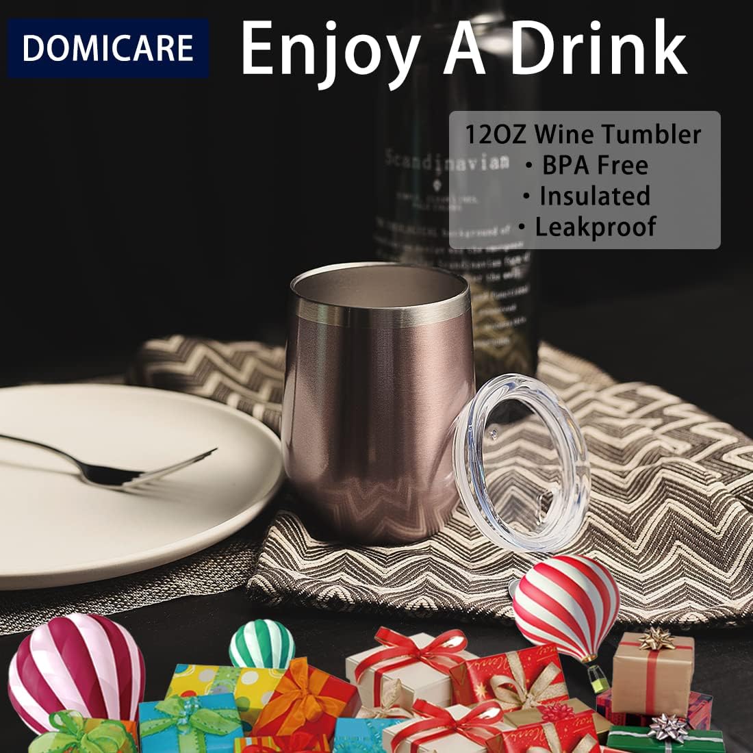 DOMICARE Stainless Steel Wine Tumbler Bulk with Lid, Personalized Insulated Tumblers Set, 12oz Travel Coffee Cups Pack of 1, Stainless steel