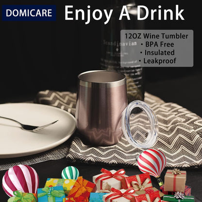 DOMICARE Stainless Steel Wine Tumbler Bulk with Lid, Personalized Insulated Tumblers Set, 12oz Travel Coffee Cups Pack of 1, Stainless steel
