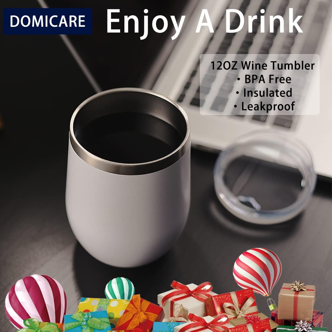 DOMICARE Stainless Steel Wine Tumbler Bulk with Lid, Personalized Insulated Tumblers Set, 12oz Travel Coffee Cups Pack of 1, Stainless steel