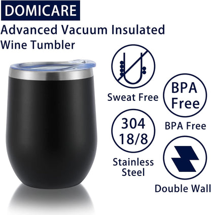 DOMICARE Stainless Steel Wine Tumbler Bulk with Lid, Personalized Insulated Tumblers Set, 12oz Travel Coffee Cups Pack of 1, Stainless steel