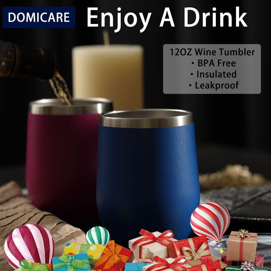 DOMICARE Stainless Steel Wine Tumbler Bulk with Lid, Personalized Insulated Tumblers Set, 12oz Travel Coffee Cups Pack of 1, Stainless steel