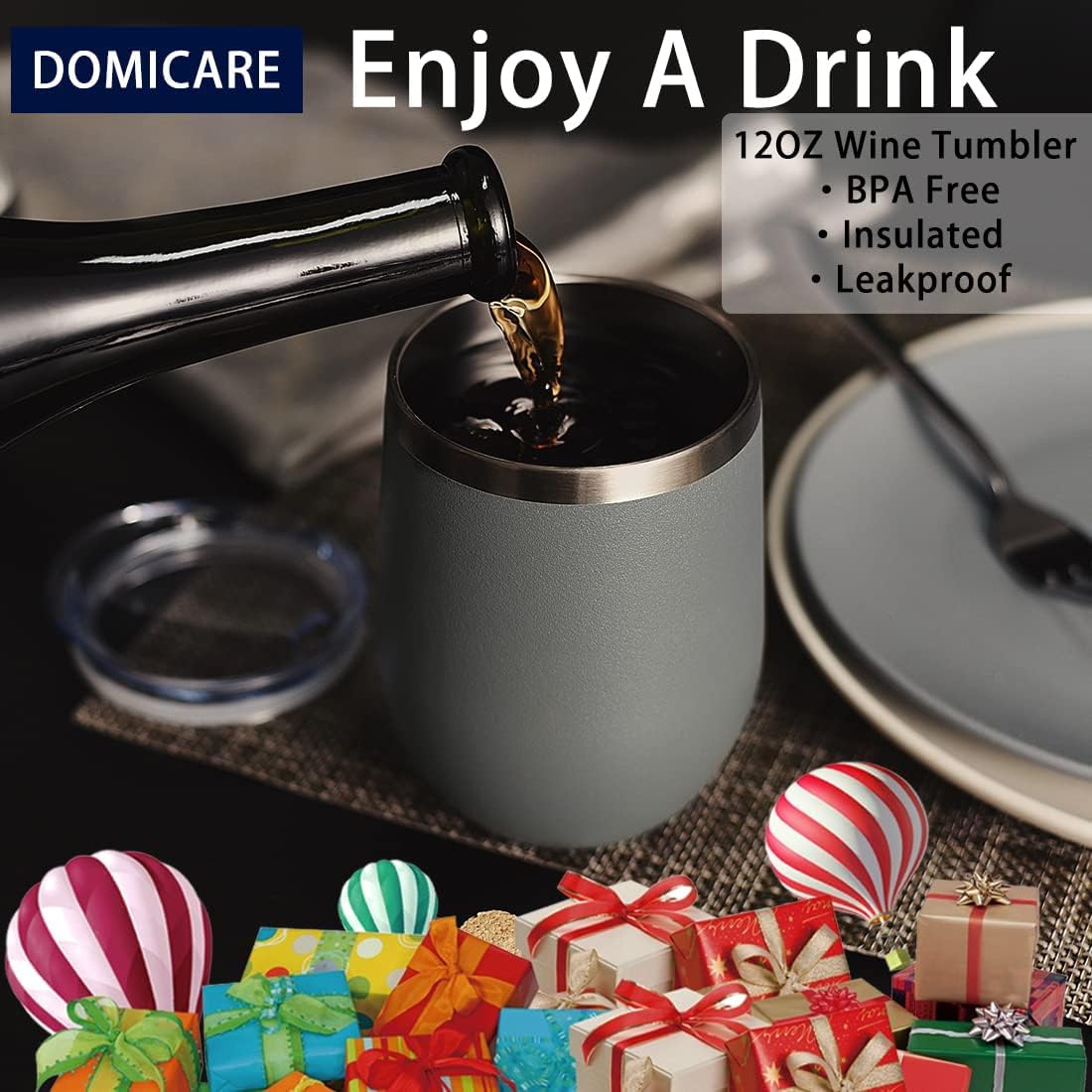 DOMICARE Stainless Steel Wine Tumbler Bulk with Lid, Personalized Insulated Tumblers Set, 12oz Travel Coffee Cups Pack of 1, Stainless steel
