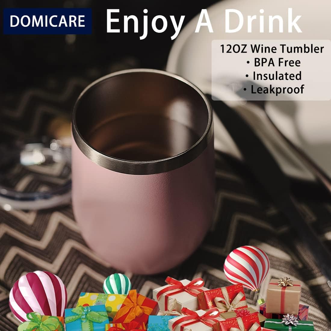 DOMICARE Stainless Steel Wine Tumbler Bulk with Lid, Personalized Insulated Tumblers Set, 12oz Travel Coffee Cups Pack of 1, Stainless steel