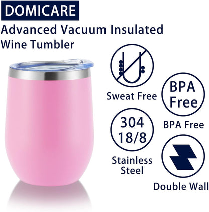 DOMICARE Stainless Steel Wine Tumbler Bulk with Lid, Personalized Insulated Tumblers Set, 12oz Travel Coffee Cups Pack of 1, Stainless steel