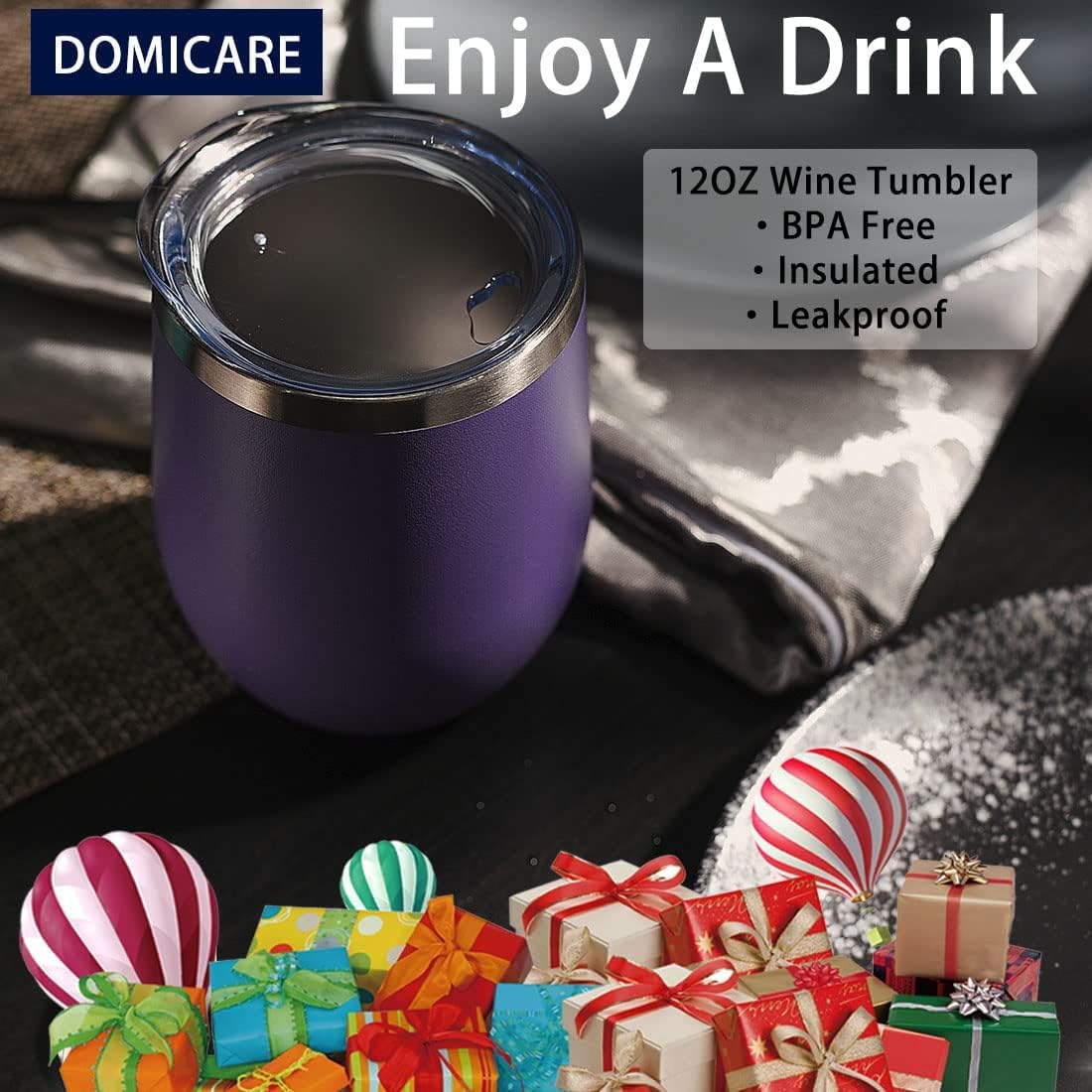 DOMICARE Stainless Steel Wine Tumbler Bulk with Lid, Personalized Insulated Tumblers Set, 12oz Travel Coffee Cups Pack of 1, Stainless steel