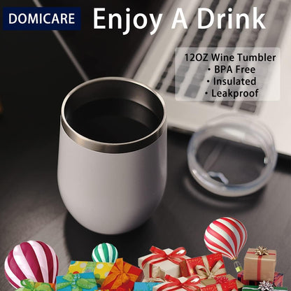 DOMICARE Stainless Steel Wine Tumbler Bulk with Lid, Personalized Insulated Tumblers Set, 12oz Travel Coffee Cups Pack of 1, Stainless steel
