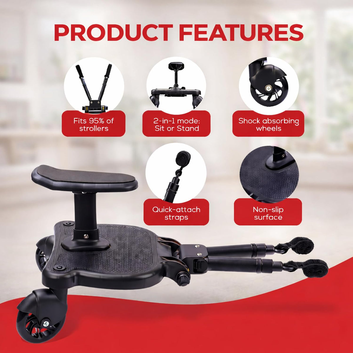 2026 New-Universal Stroller Board with Detachable Seat | 2 in 1 Sit and Stand Toddler Stroller Seat Attachment | Stroller Board Attachment for Toddler | Holds Children Up to 55 LBs