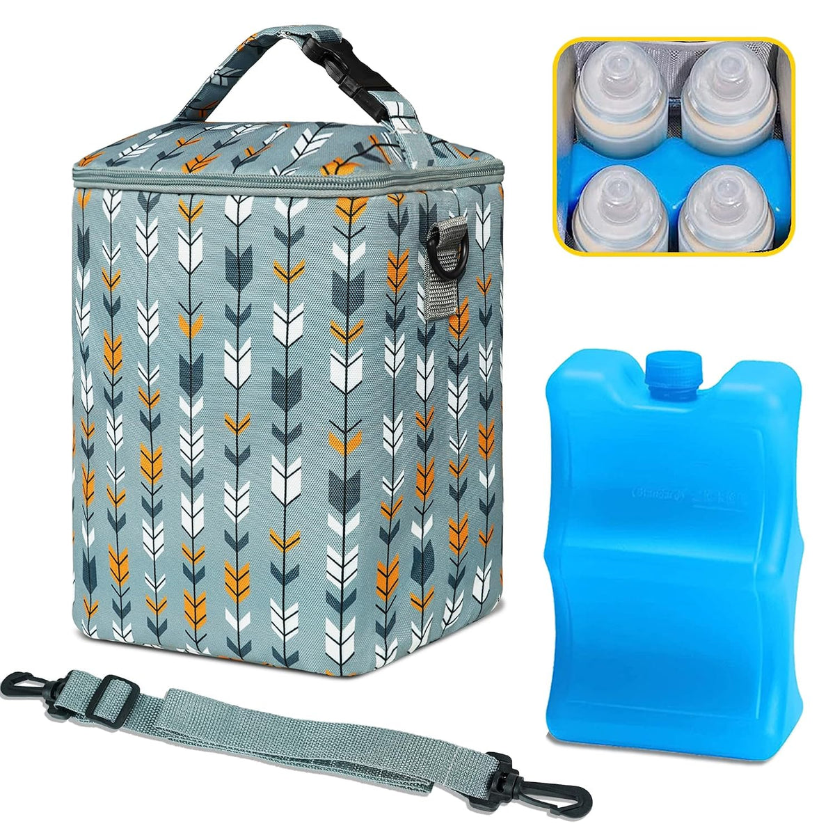 Breastmilk Cooler Bag with Ice Pack Fits 4 Baby Bottles Up To 9 Ounce Insulated Baby Bottle Bag Breast Milk Cooler on the Go with Strap Cooler Bag for Nursing Mom Daycare or Travel