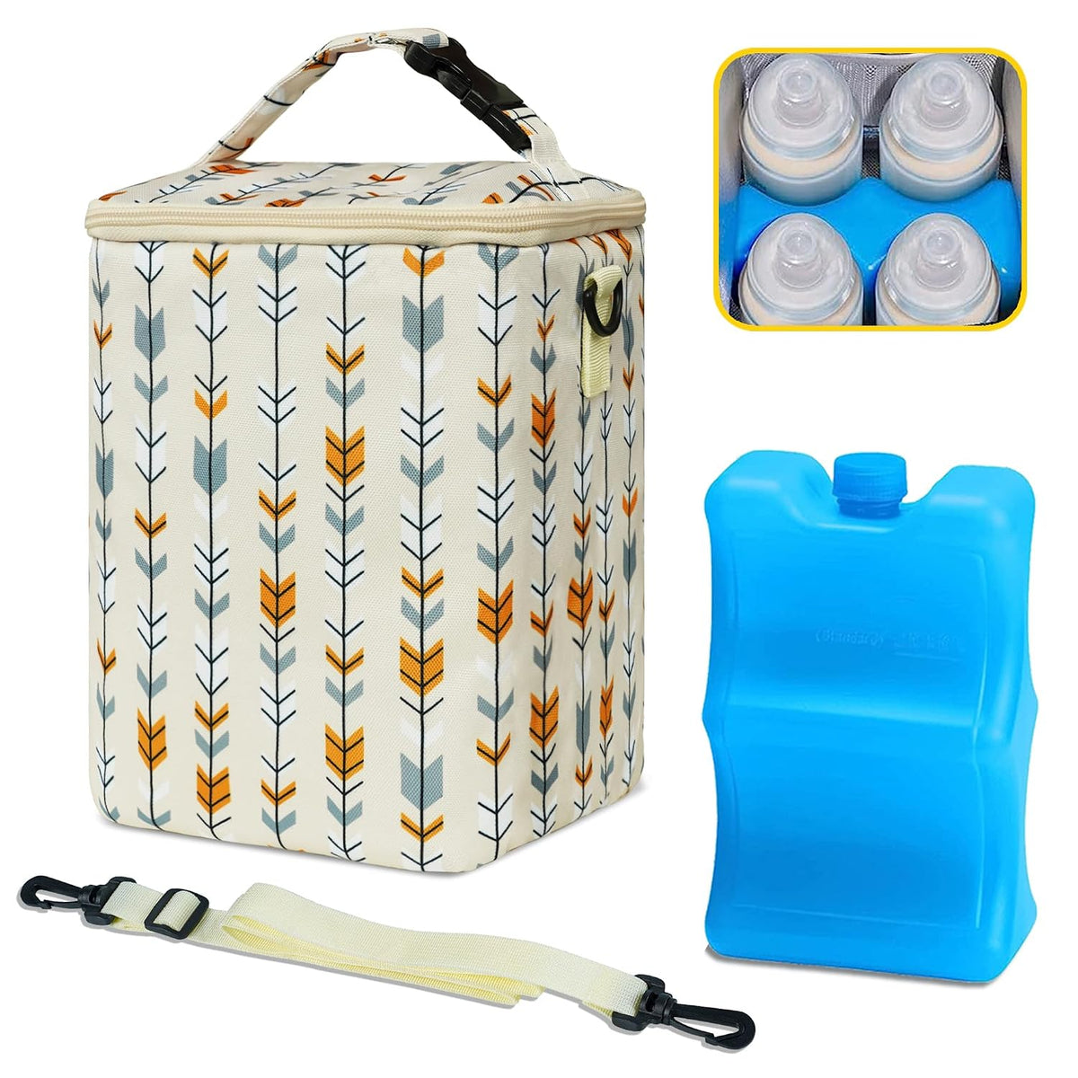 Breastmilk Cooler Bag with Ice Pack Fits 4 Baby Bottles Up To 9 Ounce Insulated Baby Bottle Bag Breast Milk Cooler on the Go with Strap Cooler Bag for Nursing Mom Daycare or Travel