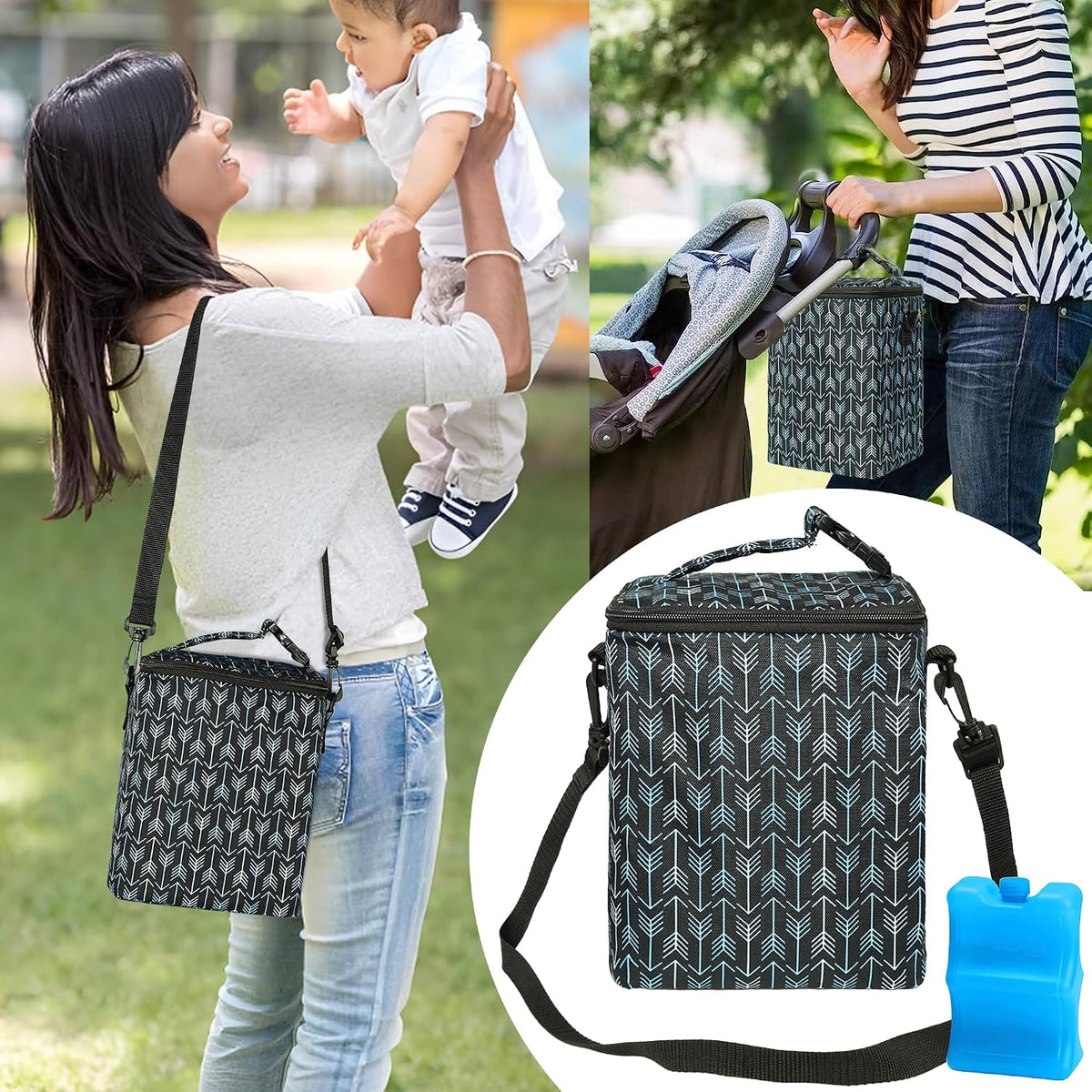 Breastmilk Cooler Bag with Ice Pack Fits 4 Baby Bottles Up To 9 Ounce Insulated Baby Bottle Bag Breast Milk Cooler on the Go with Strap Cooler Bag for Nursing Mom Daycare or Travel