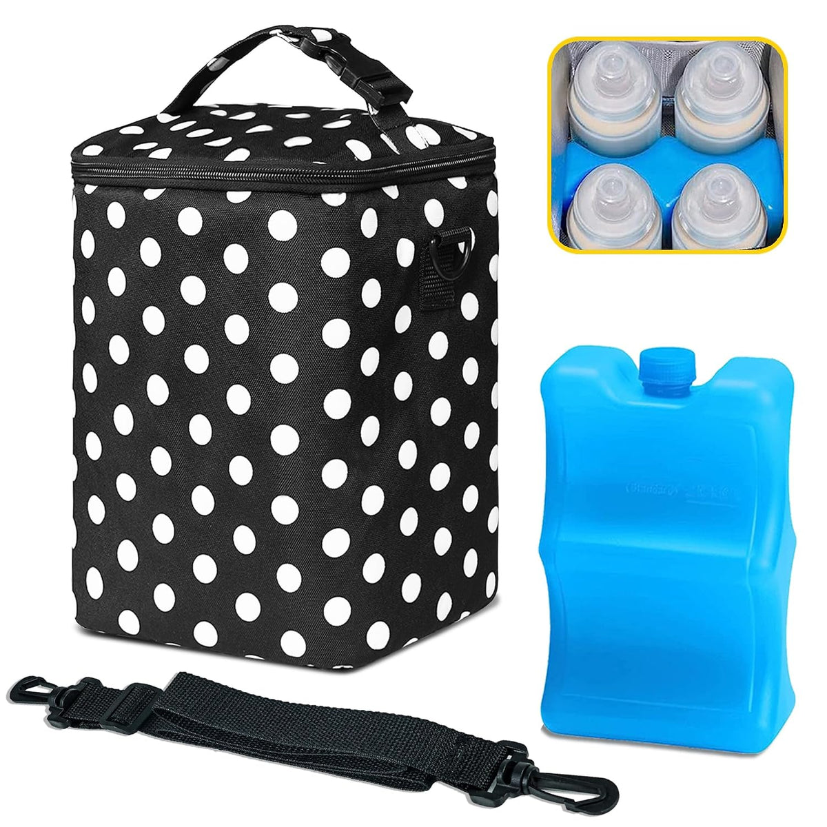 Breastmilk Cooler Bag with Ice Pack Fits 4 Baby Bottles Up To 9 Ounce Insulated Baby Bottle Bag Breast Milk Cooler on the Go with Strap Cooler Bag for Nursing Mom Daycare or Travel