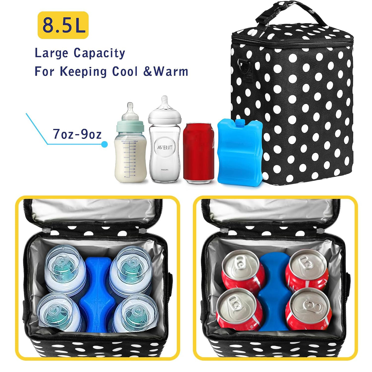 Breastmilk Cooler Bag with Ice Pack Fits 4 Baby Bottles Up To 9 Ounce Insulated Baby Bottle Bag Breast Milk Cooler on the Go with Strap Cooler Bag for Nursing Mom Daycare or Travel