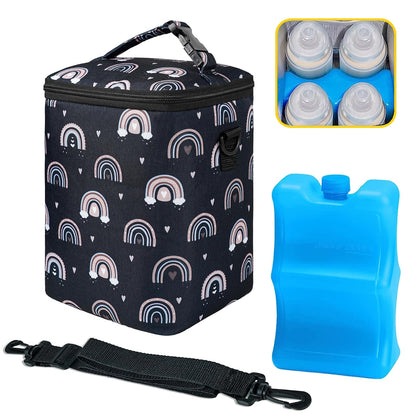 Breastmilk Cooler Bag with Ice Pack Fits 4 Baby Bottles Up To 9 Ounce Insulated Baby Bottle Bag Breast Milk Cooler on the Go with Strap Cooler Bag for Nursing Mom Daycare or Travel