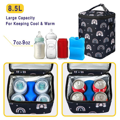 Breastmilk Cooler Bag with Ice Pack Fits 4 Baby Bottles Up To 9 Ounce Insulated Baby Bottle Bag Breast Milk Cooler on the Go with Strap Cooler Bag for Nursing Mom Daycare or Travel