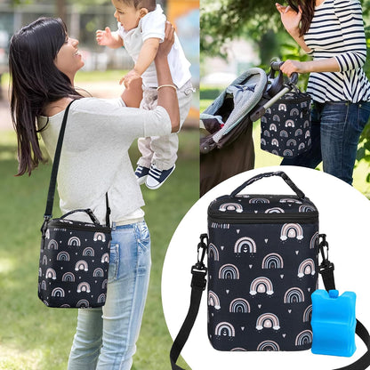 Breastmilk Cooler Bag with Ice Pack Fits 4 Baby Bottles Up To 9 Ounce Insulated Baby Bottle Bag Breast Milk Cooler on the Go with Strap Cooler Bag for Nursing Mom Daycare or Travel