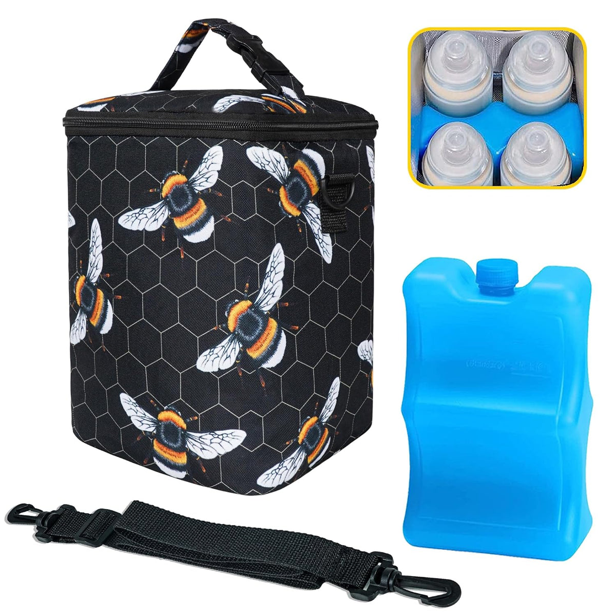 Breastmilk Cooler Bag with Ice Pack Fits 4 Baby Bottles Up To 9 Ounce Insulated Baby Bottle Bag Breast Milk Cooler on the Go with Strap Cooler Bag for Nursing Mom Daycare or Travel