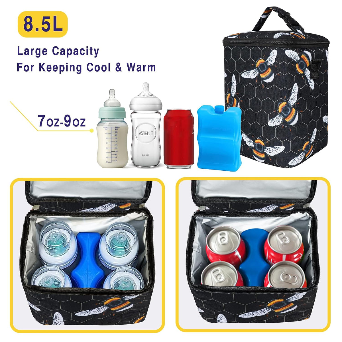 Breastmilk Cooler Bag with Ice Pack Fits 4 Baby Bottles Up To 9 Ounce Insulated Baby Bottle Bag Breast Milk Cooler on the Go with Strap Cooler Bag for Nursing Mom Daycare or Travel