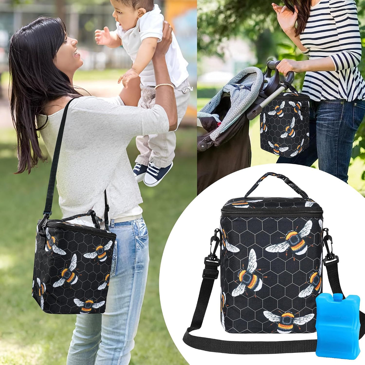 Breastmilk Cooler Bag with Ice Pack Fits 4 Baby Bottles Up To 9 Ounce Insulated Baby Bottle Bag Breast Milk Cooler on the Go with Strap Cooler Bag for Nursing Mom Daycare or Travel