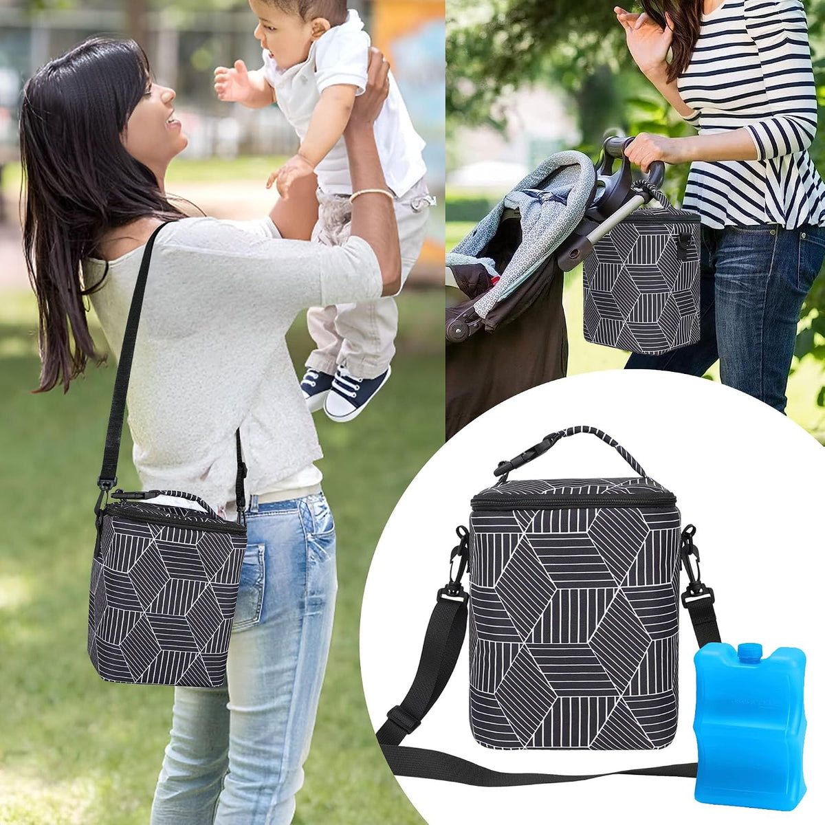 Breastmilk Cooler Bag with Ice Pack Fits 4 Baby Bottles Up To 9 Ounce Insulated Baby Bottle Bag Breast Milk Cooler on the Go with Strap Cooler Bag for Nursing Mom Daycare or Travel