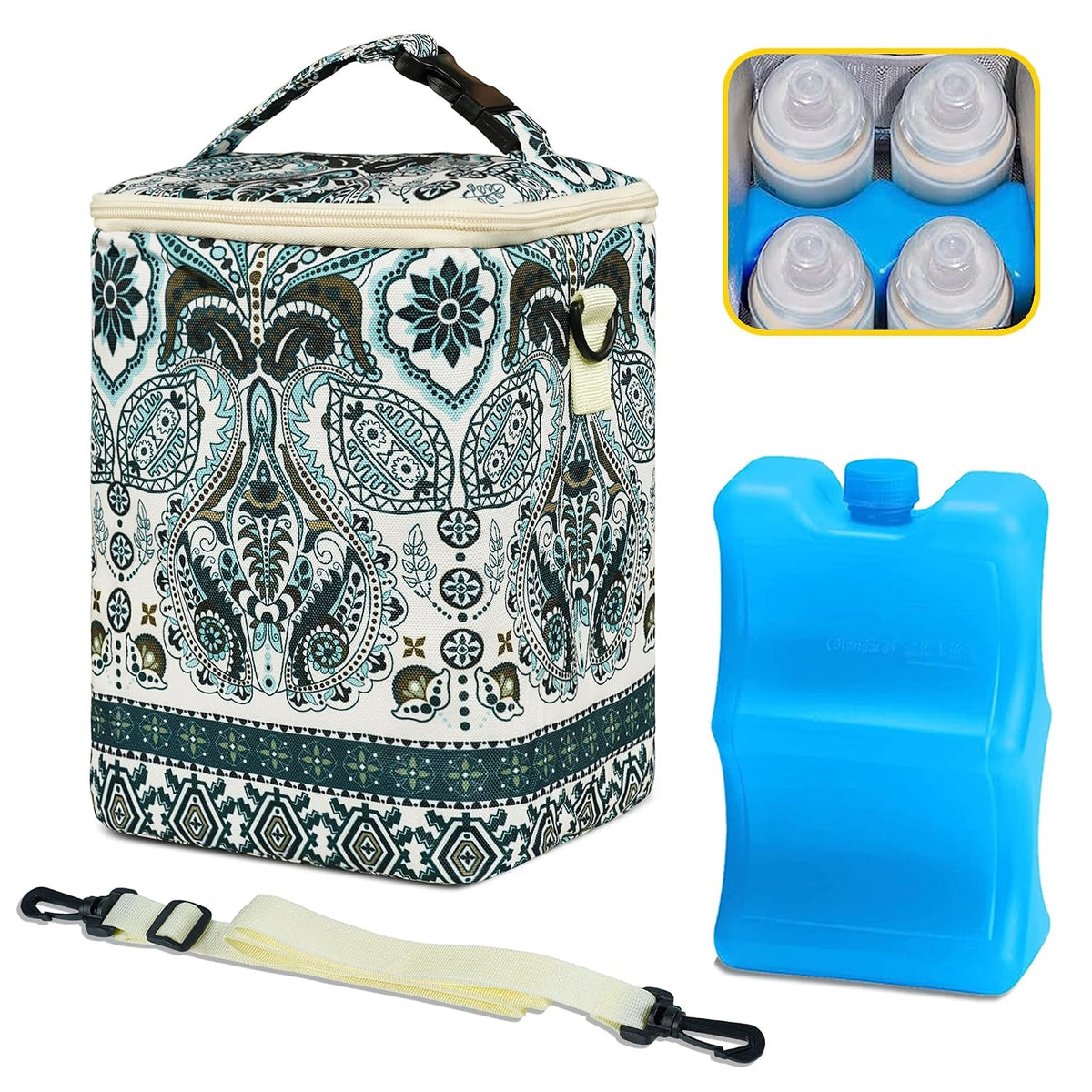 Breastmilk Cooler Bag with Ice Pack Fits 4 Baby Bottles Up To 9 Ounce Insulated Baby Bottle Bag Breast Milk Cooler on the Go with Strap Cooler Bag for Nursing Mom Daycare or Travel