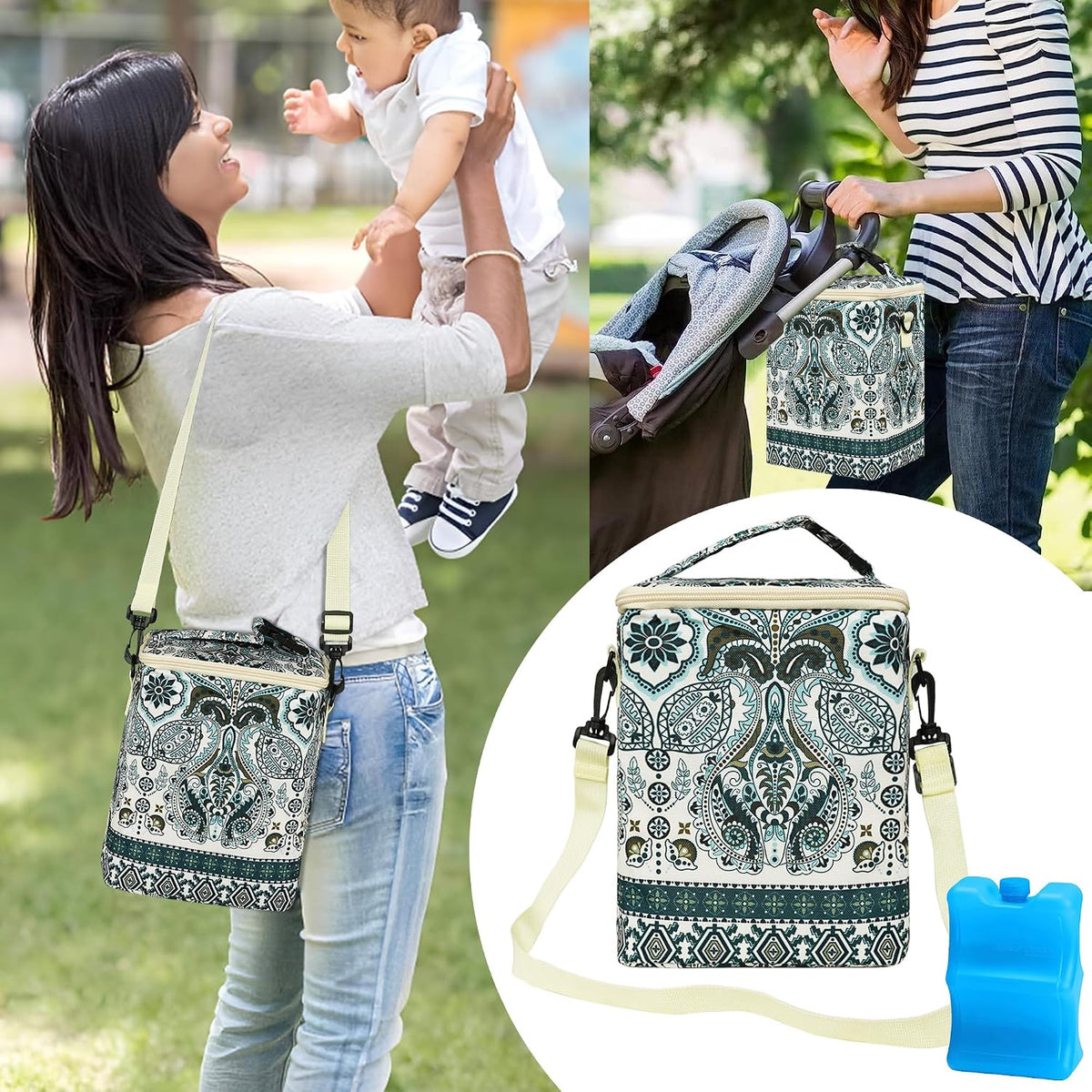 Breastmilk Cooler Bag with Ice Pack Fits 4 Baby Bottles Up To 9 Ounce Insulated Baby Bottle Bag Breast Milk Cooler on the Go with Strap Cooler Bag for Nursing Mom Daycare or Travel